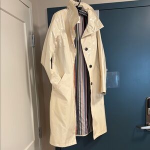 Jane Post Cream Patent Trench Coat with Striped Lining